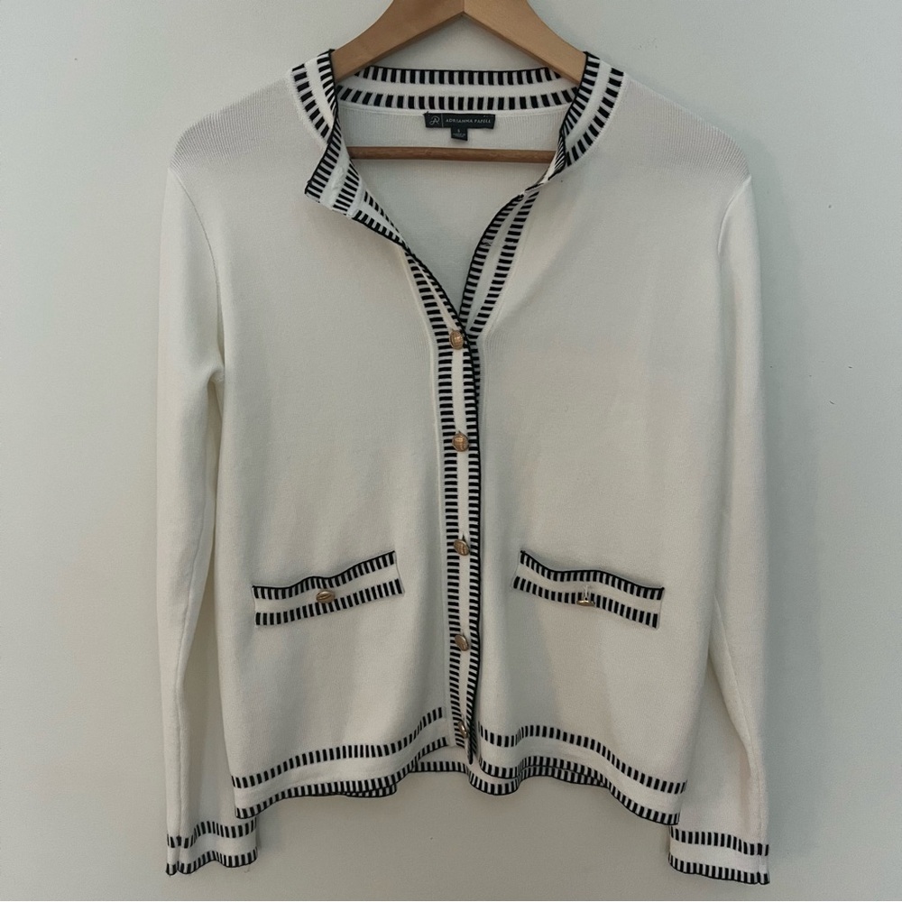 Adrianna Papell Crew Neck Button Front Long Sleeve Cardigan with Stitch Details